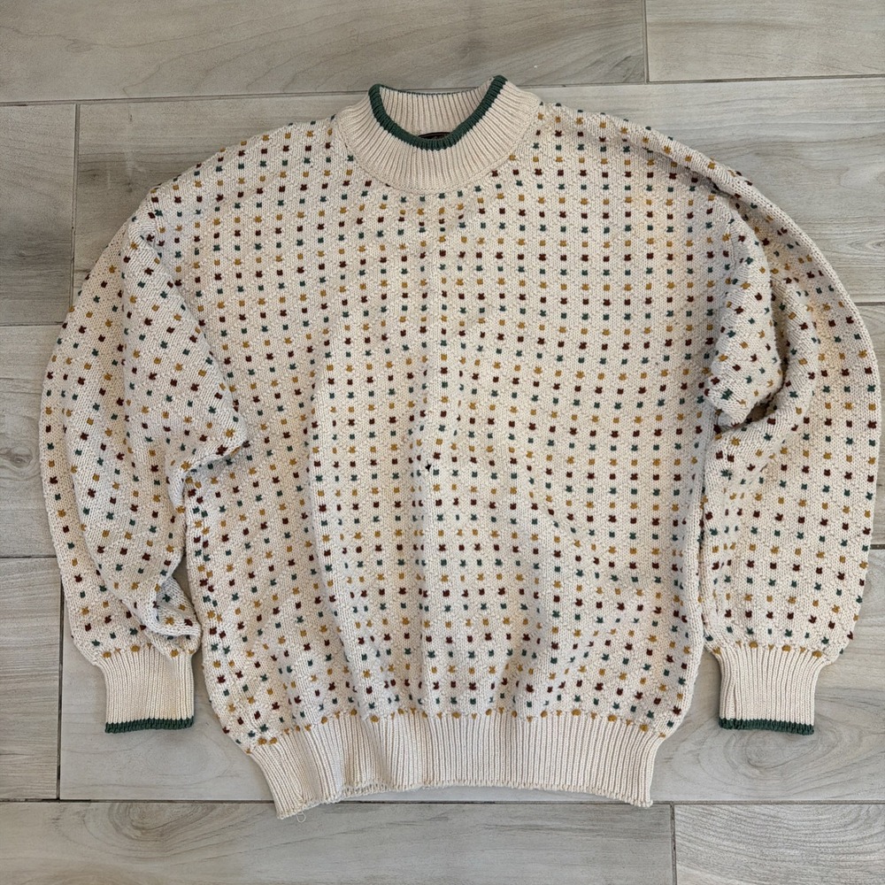 Eddie Bauer Vintage 90s Cream Spotted Primary Colors Knit Sweater Mens  M Medium